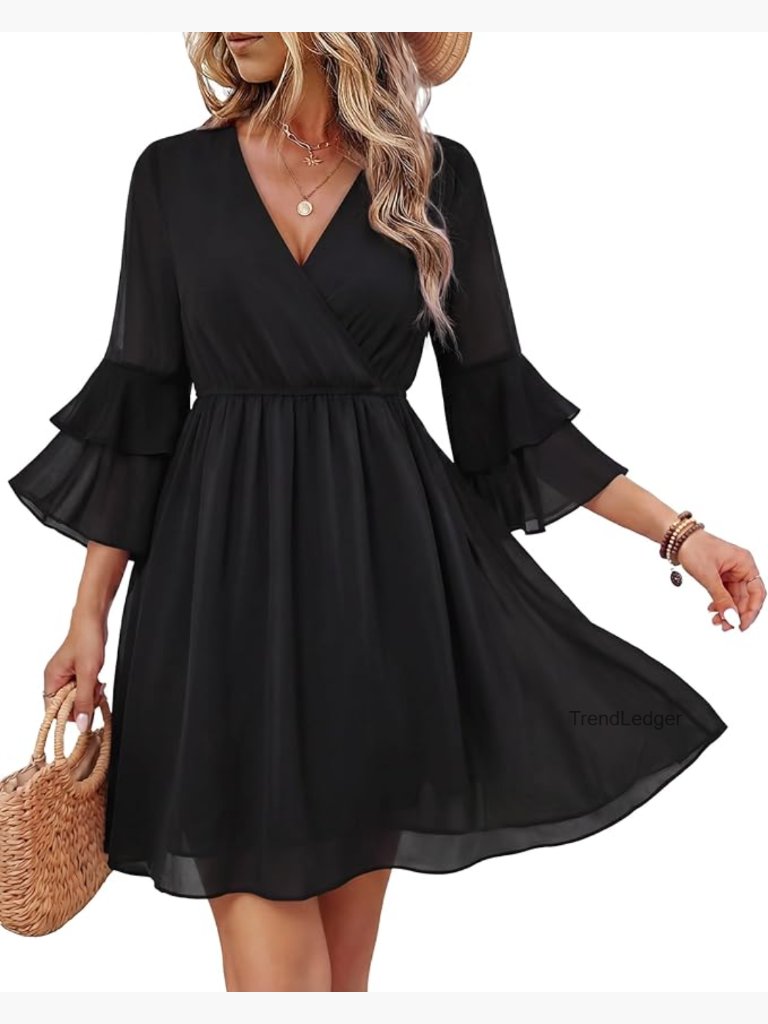 3/4 Ruffle Sleeve V Neck Flowy Chiffon A-Line Midi Dress For Wedding Guest